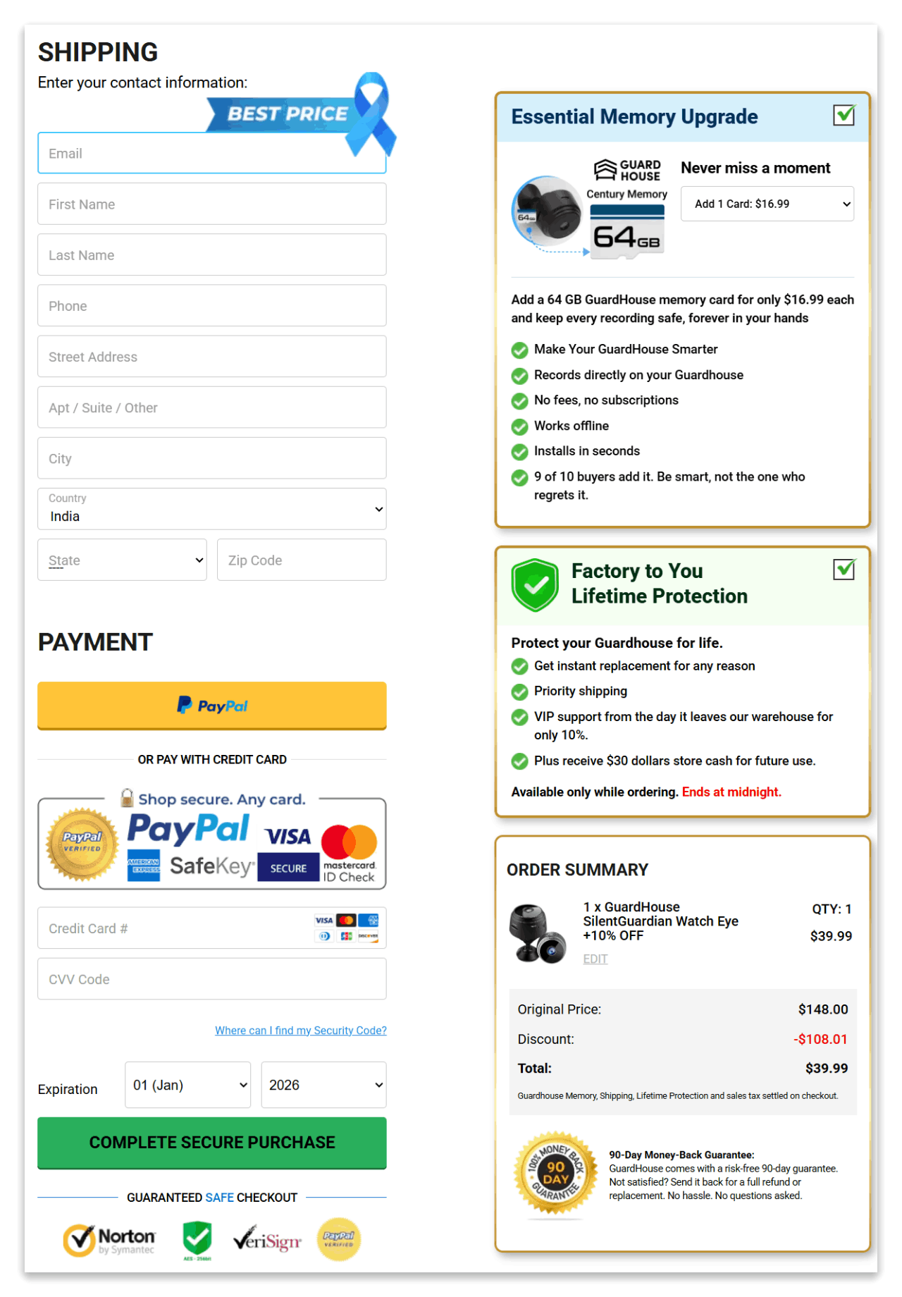 GuardHouse Camera secure checkout page
